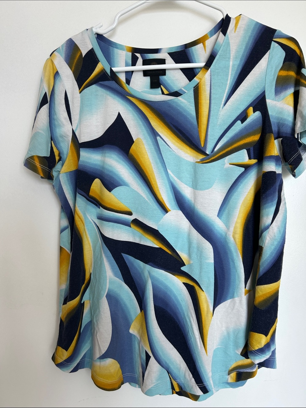 JM Collection Short Sleeve Abstract Wave Tee - Blue, Yellow, Cream